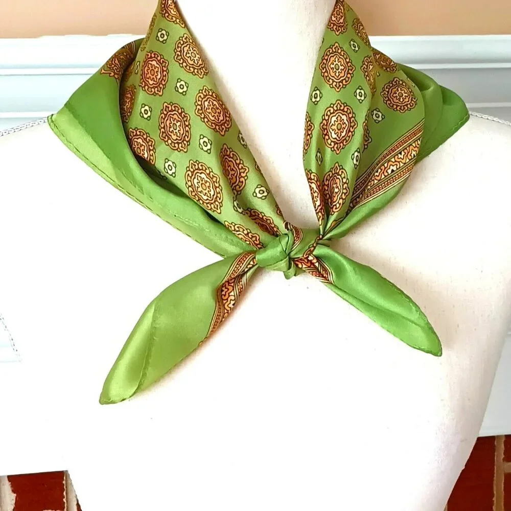 Women's Green Medallion Square Scarf 23” Vintage Green with Golden Pattern